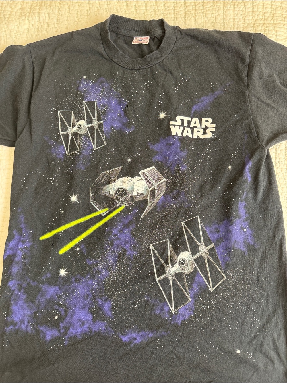 Star Wars Black T‑Shirt with Purple Nebula and Yellow Laser Accents